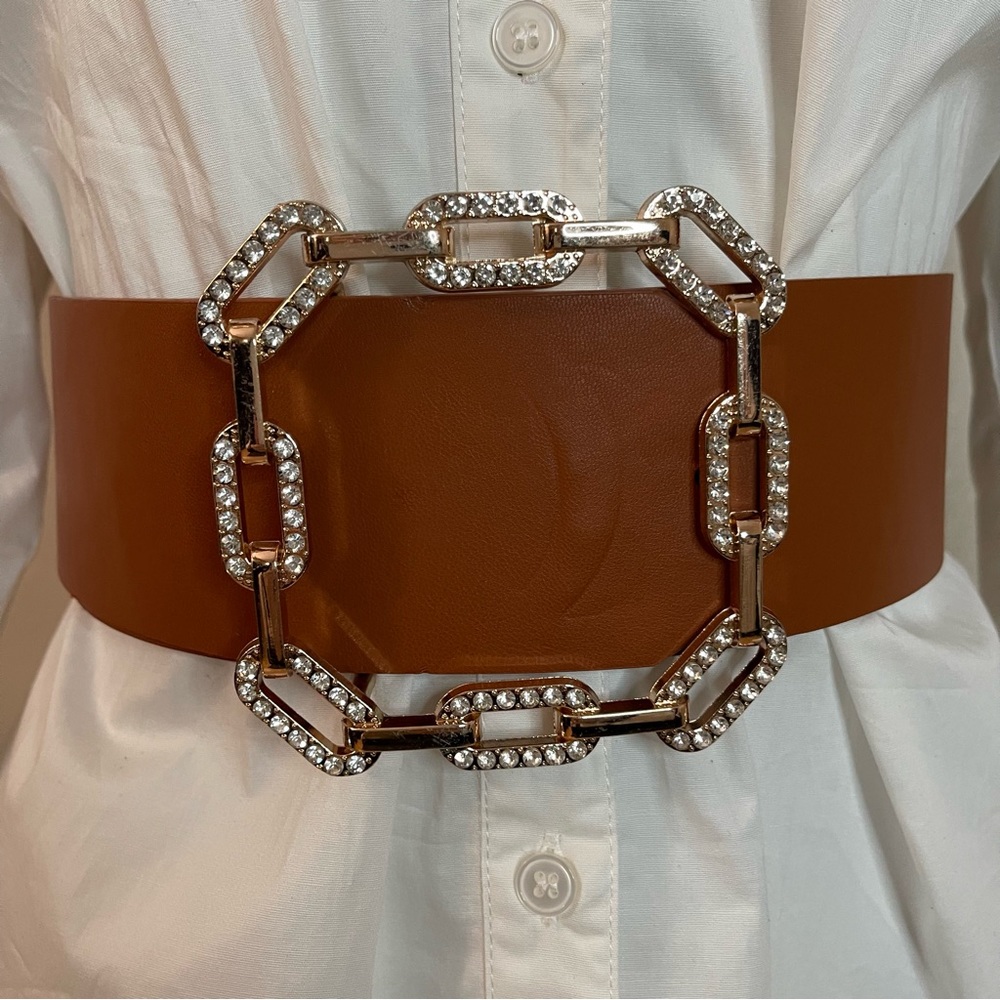 Plus size brown PU leather square gold tone buckle with rhinestones wide belt